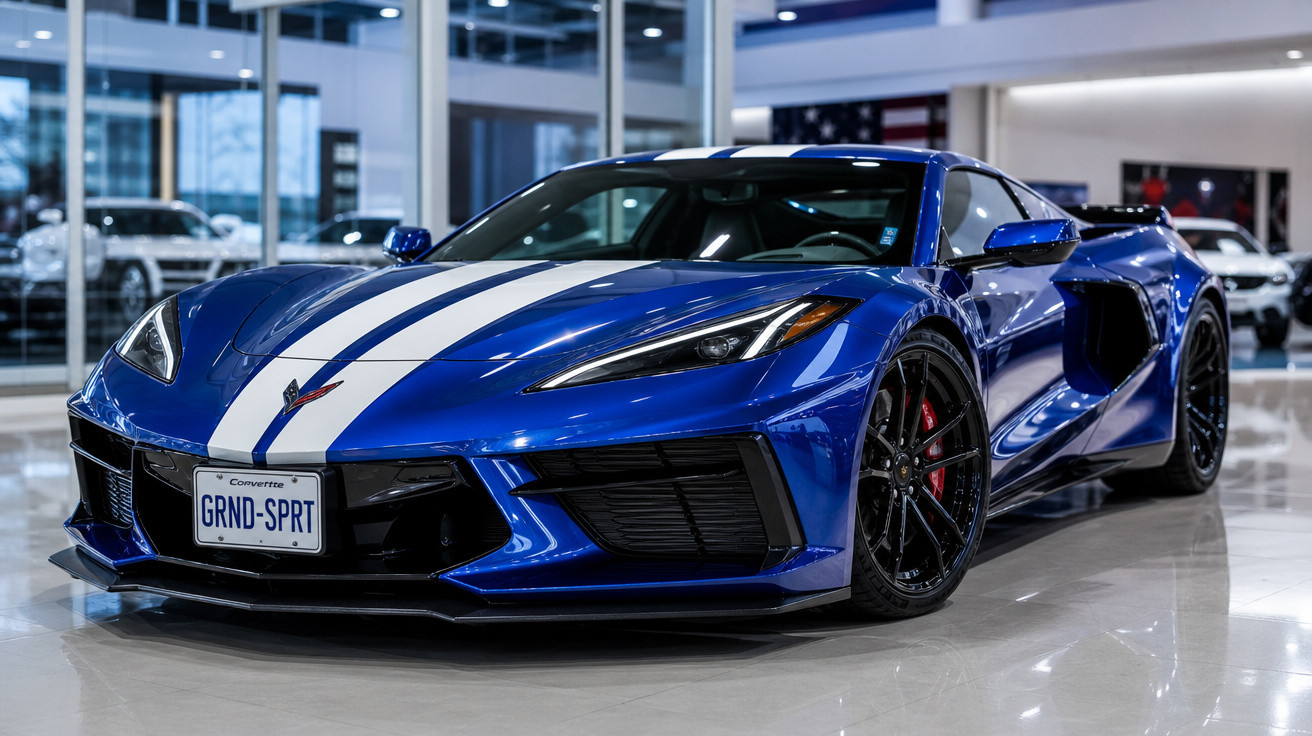 Carro esportivo Chevrolet Corvette azul com faixas brancas em showroom moderno.