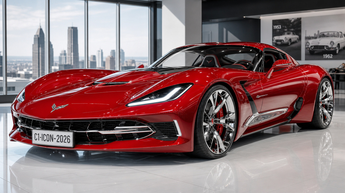 Carro esportivo vermelho brilhante em exibição em salão moderno com vista para cidade.