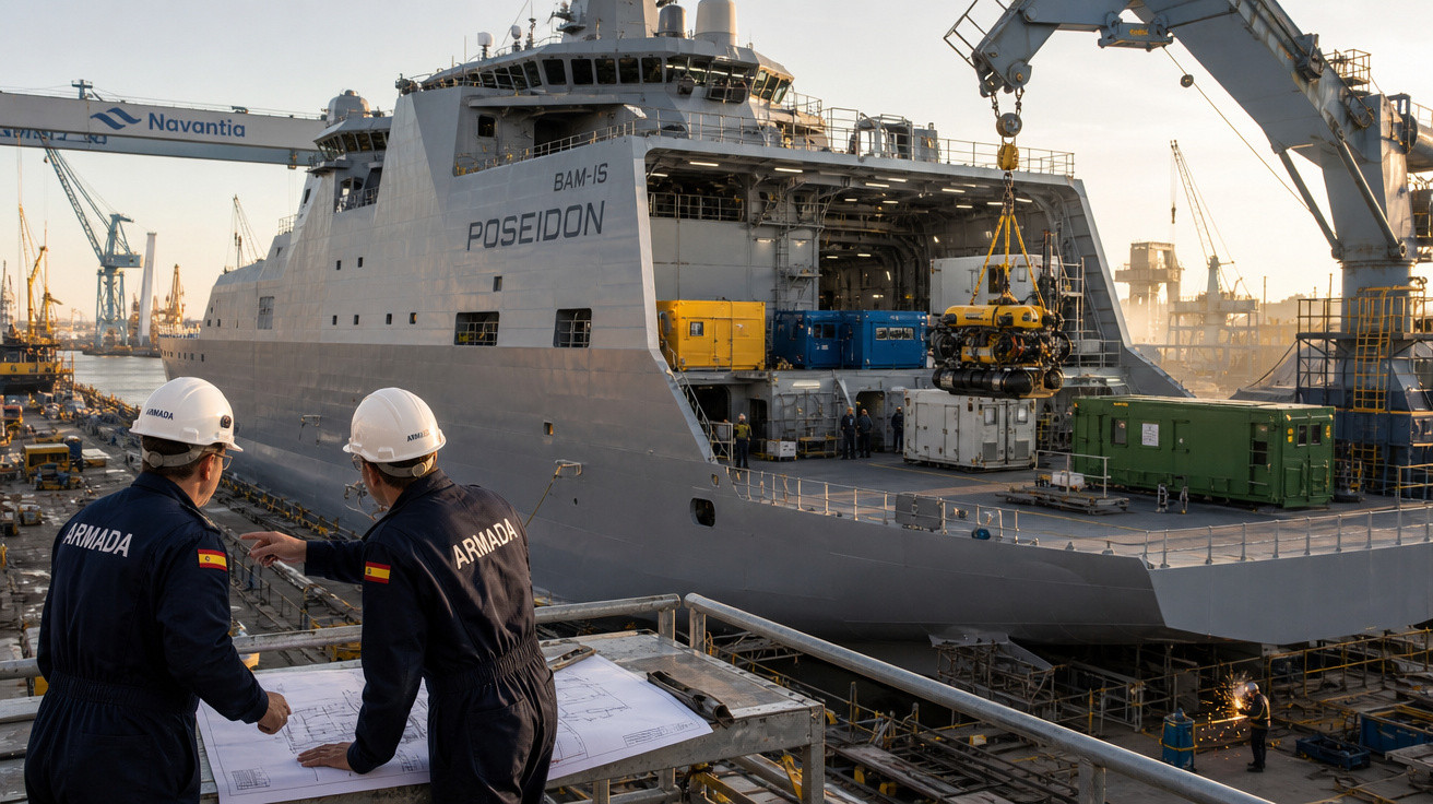 Dois técnicos da marinha com capacetes observam o navio Poseidon em doca com guindaste operando.
