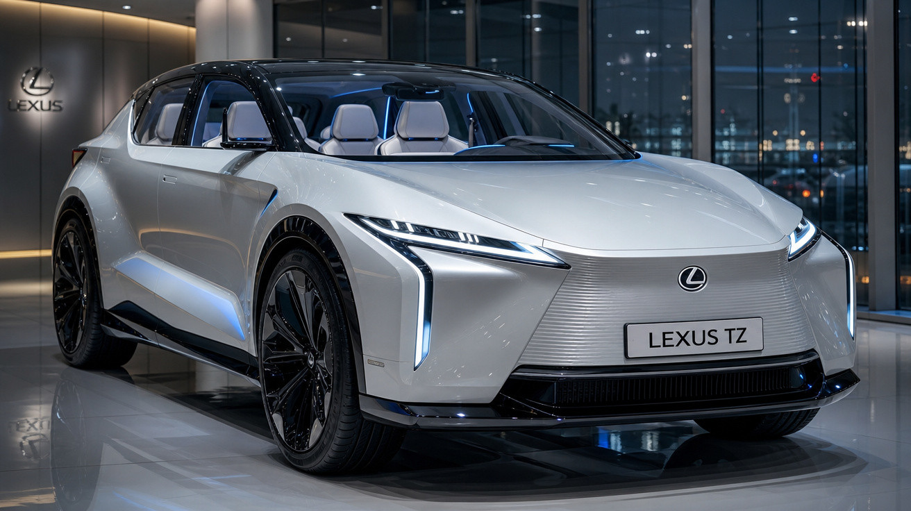 Carro elétrico conceito Lexus TZ branco em exposição com design futurista em showroom moderno.
