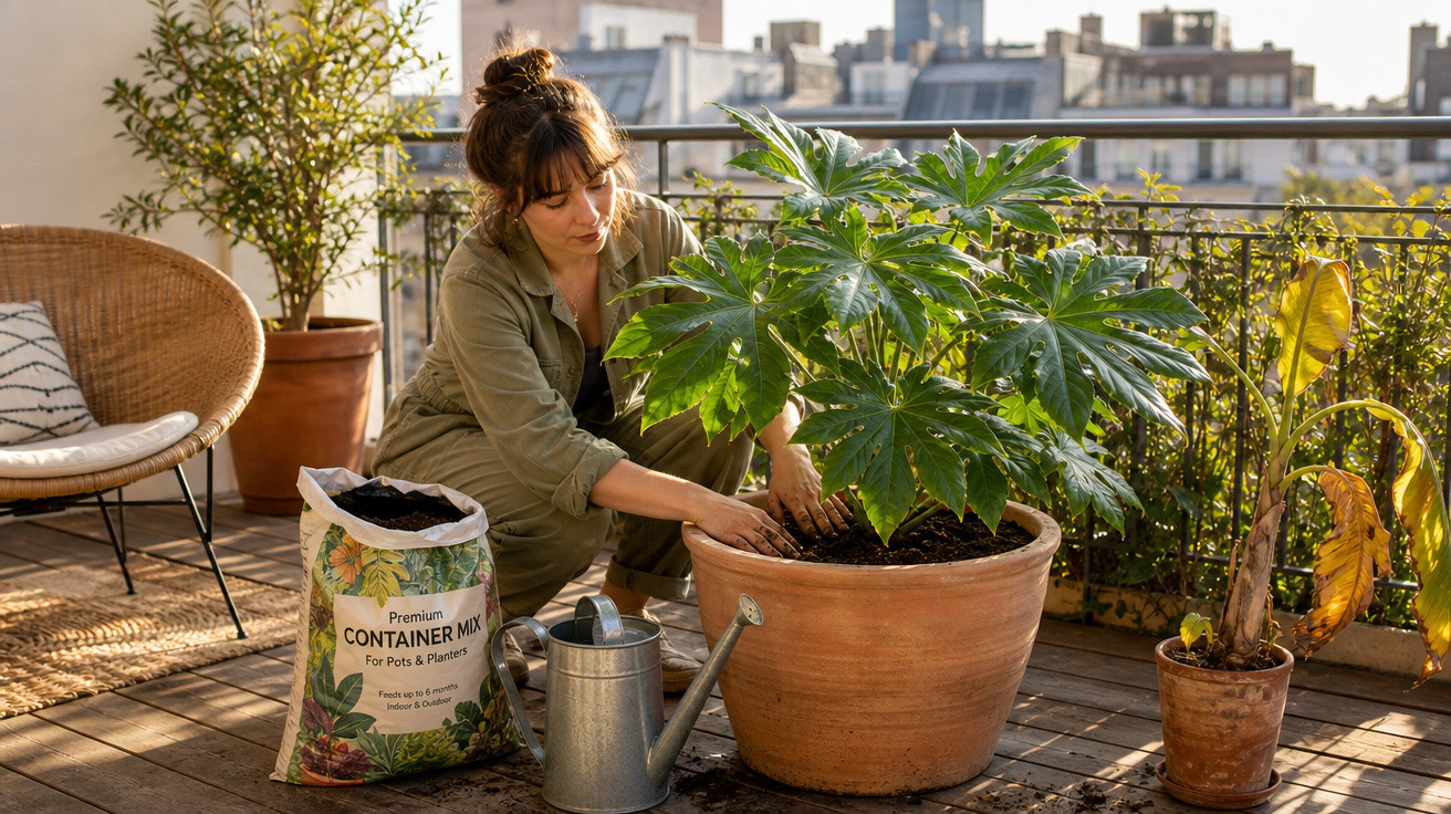 Mulher cuidando de planta em vaso grande no terraço com regador e saco de substrato ao lado.