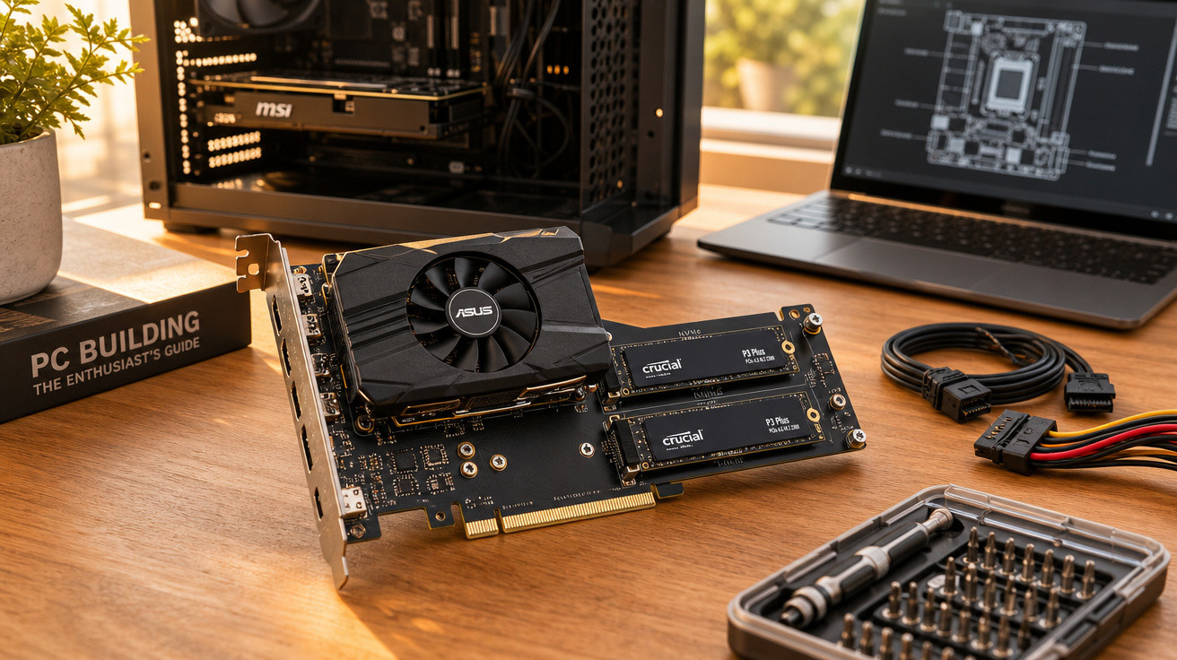 Placa de vídeo ASUS com duas SSDs Crucial instaladas, ferramentas e gabinete de computador ao fundo em mesa de madeira.
