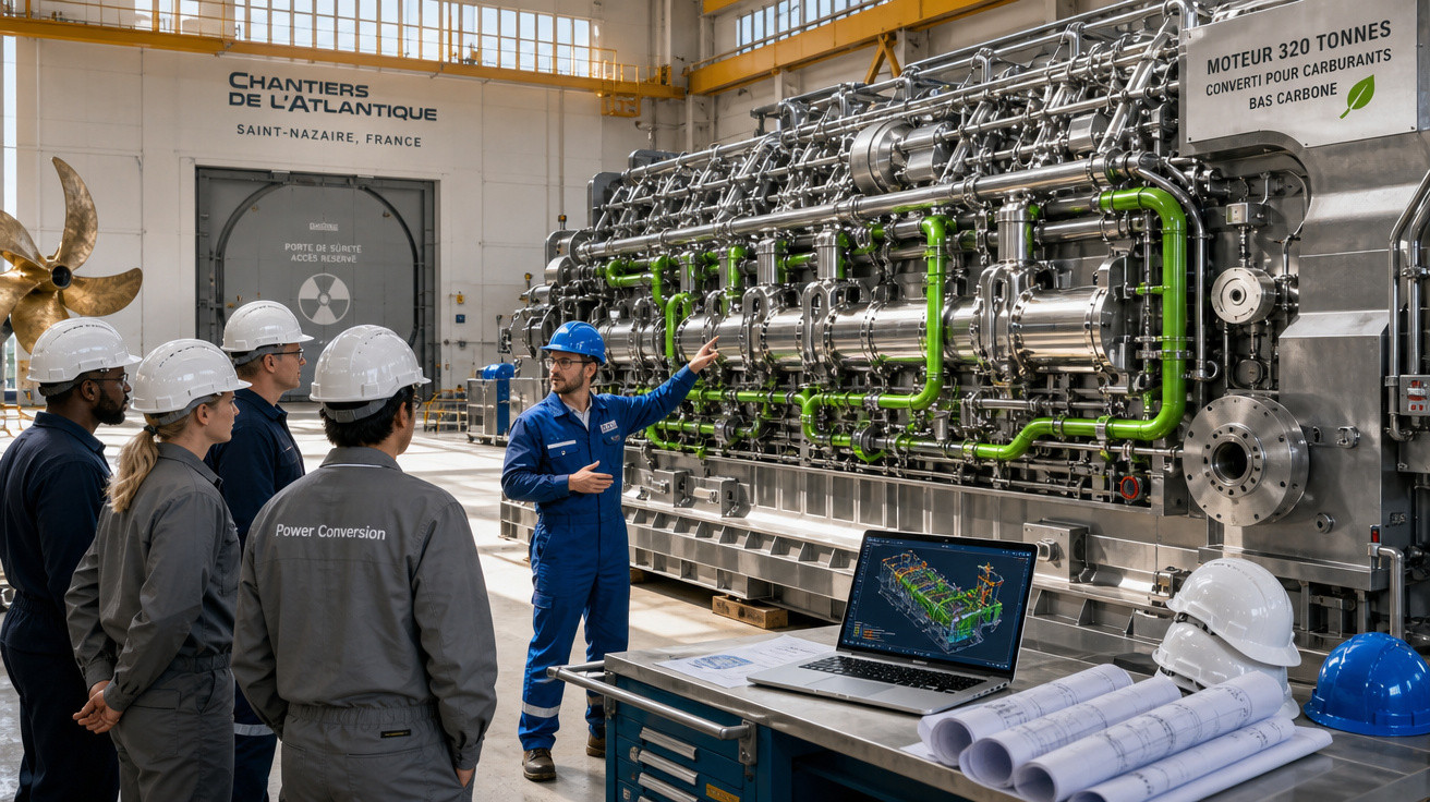 Engenheiro apresenta motor industrial com tubulações verdes a grupo usando capacetes em fábrica na França.