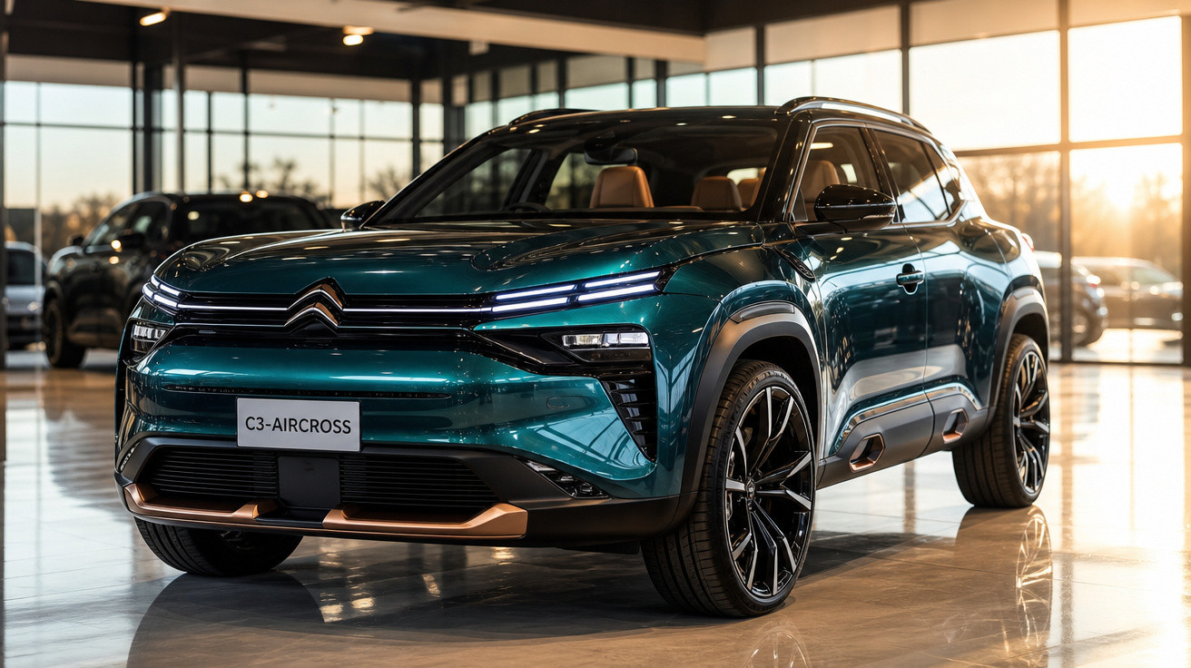 SUV Citroën C3 Aircross azul metálico exibido em concessionária com iluminação natural ao fundo.