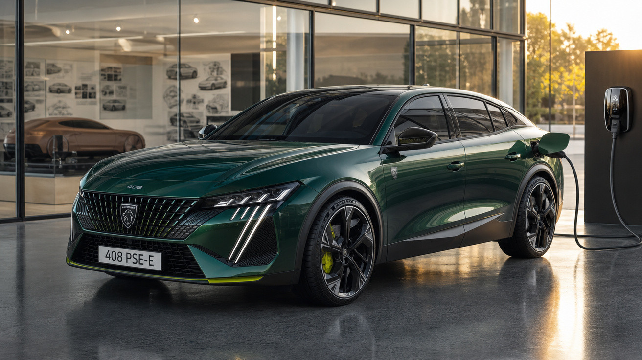 Carro elétrico Peugeot 408 PSE-E verde escuro estacionado e carregando em estação interna moderna.