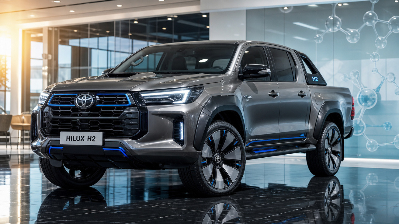 Picape Toyota Hilux H2 cinza exibida em showroom moderno com piso espelhado e luz natural.