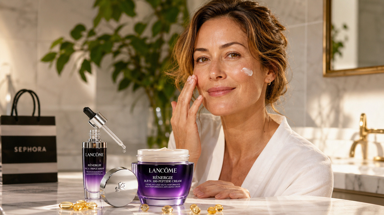 Mulher aplicando creme no rosto ao lado de produtos de cuidados faciais Lancôme em bancada.
