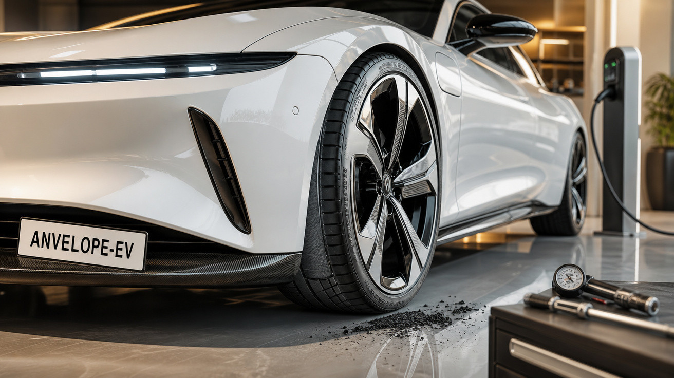 Carro elétrico branco Anvelope-EV estacionado e carregando em estação com ferramentas no chão.