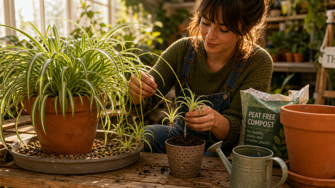 Mulher cuidando de plantas em vasos em uma mesa de madeira com terra e regador.