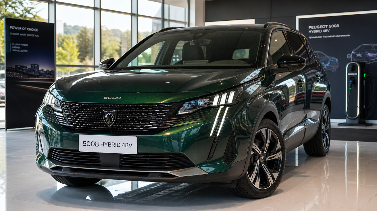 Carro Peugeot 5008 Hybrid 48V verde escuro em exposição interna com luz natural entrando pelas janelas.