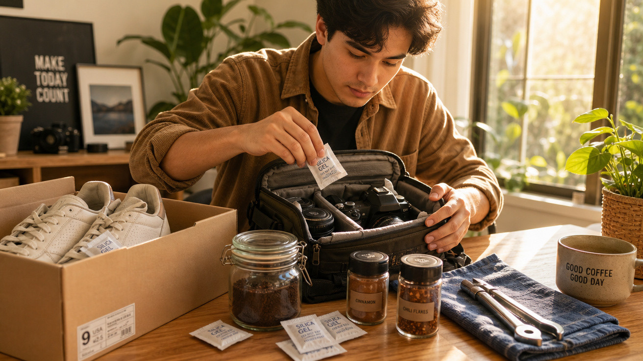 Jovem organizando câmera em bolsa à mesa com tênis, frascos de temperos e caneca de café.