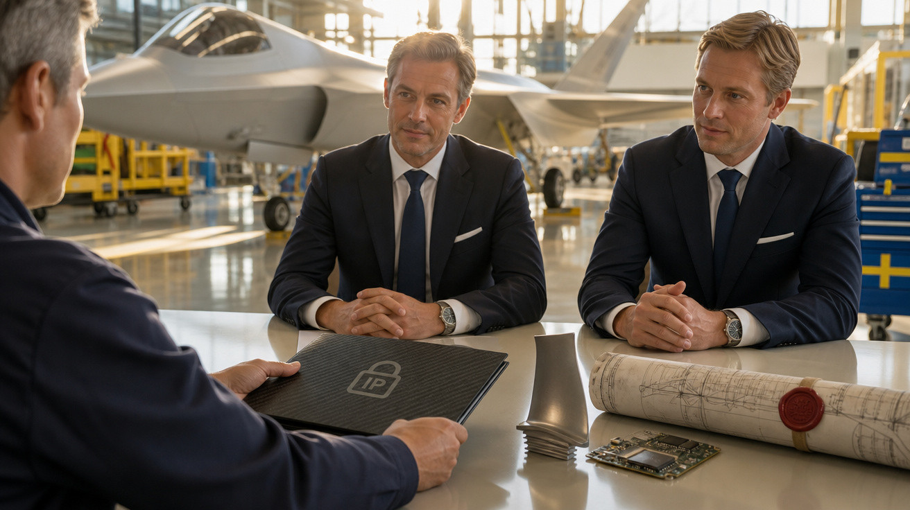 Três homens em reunião com documentos técnicos e um avião futurista ao fundo em hangar.