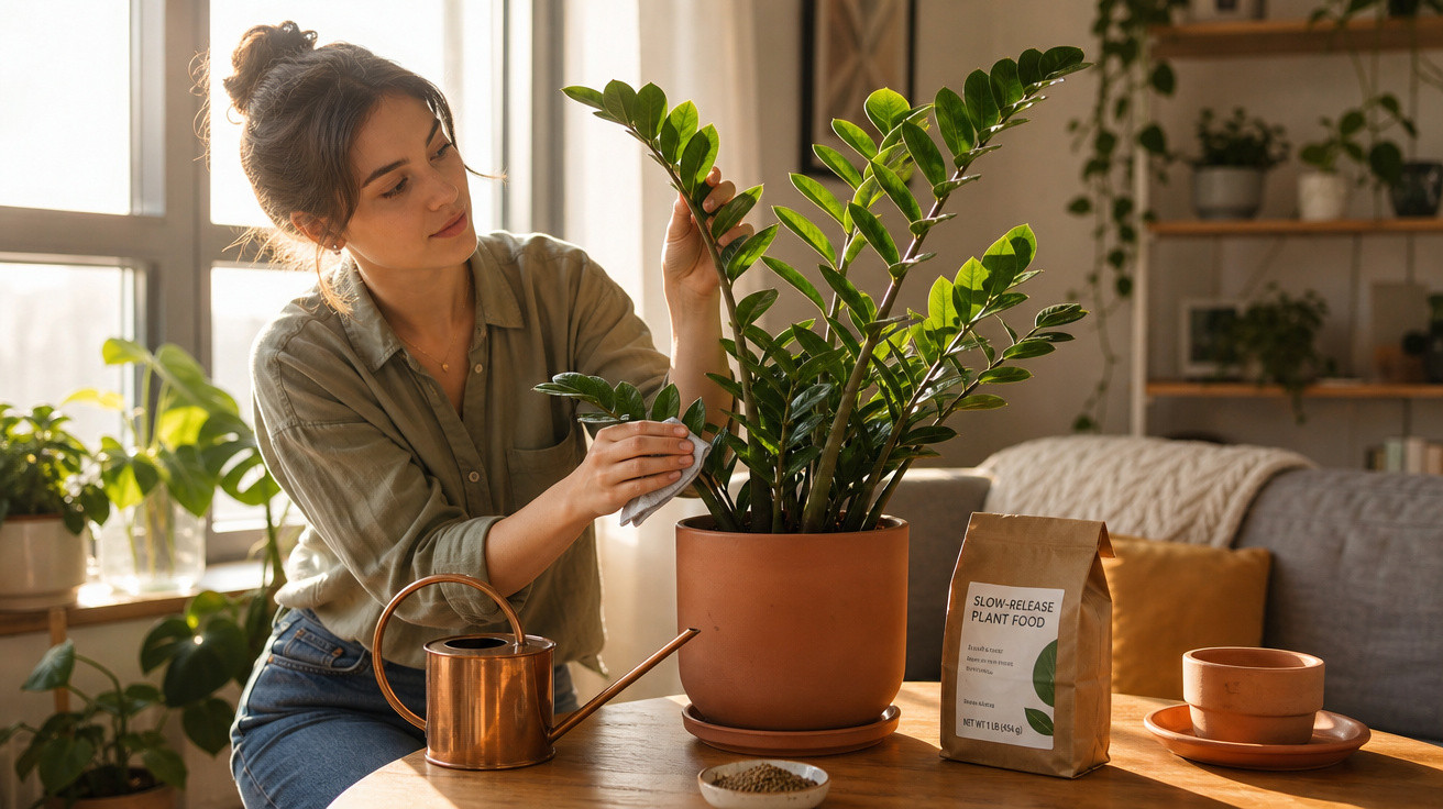 Mulher cuidando de planta em vaso grande em ambiente interno iluminado pelo sol da manhã.