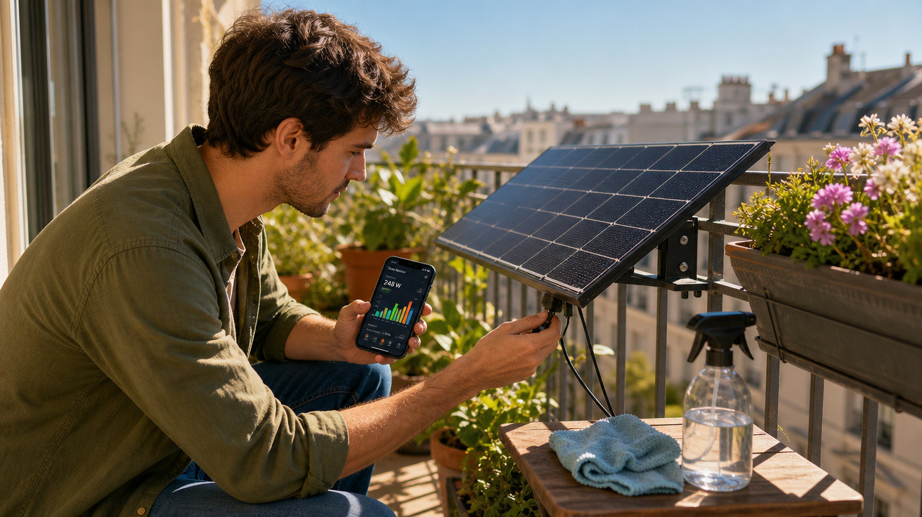 Homem ajusta painel solar portátil em varanda enquanto verifica dados de energia no celular em ambiente urbano ensolarado.