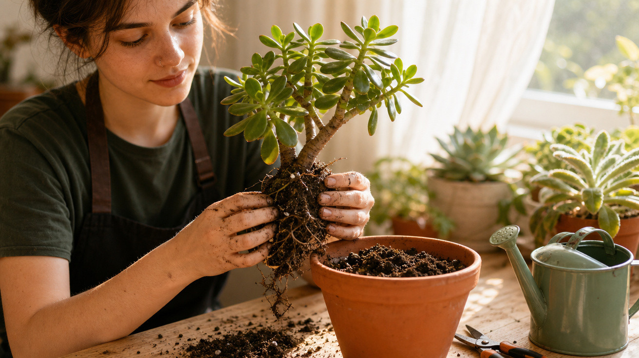 Jovem transplantando suculenta em vaso de cerâmica em ambiente iluminado com outras plantas ao fundo.