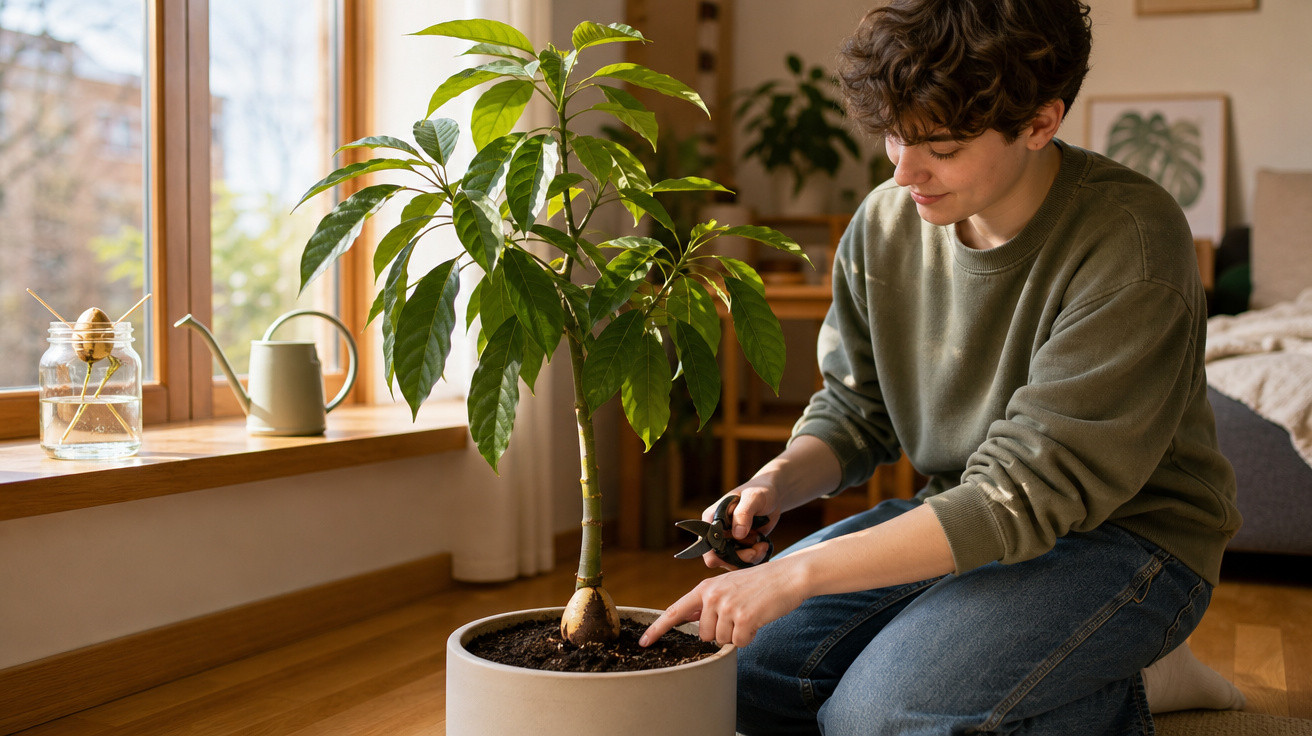 Pessoa cuidando de planta em vaso dentro de casa perto de janela com regador e vidro.