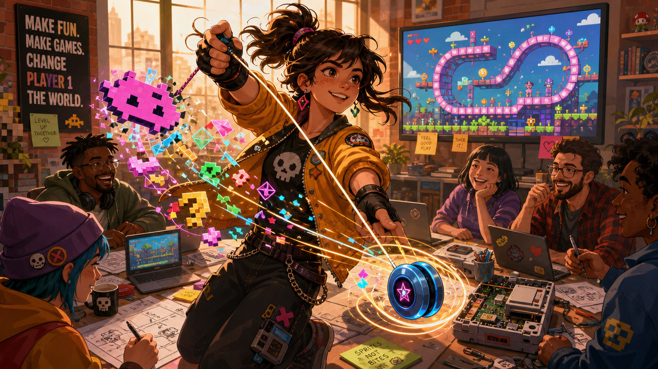 Grupo diverso de jovens cria jogo digital em escritório com arte pixelizada e tecnologia retrô.