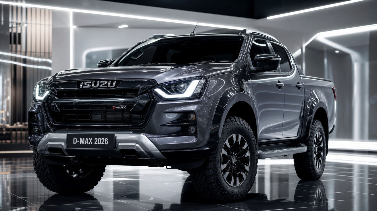 Picape Isuzu D-Max 2026 cinza escuro, com faróis acesos em ambiente moderno e iluminado.