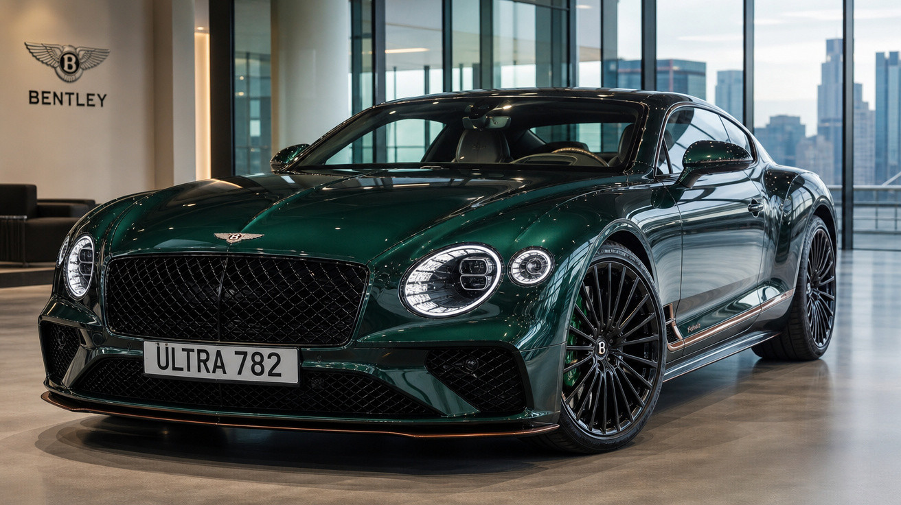 Carro esportivo Bentley verde escuro estacionado em showroom com janelas grandes de vidro ao fundo.