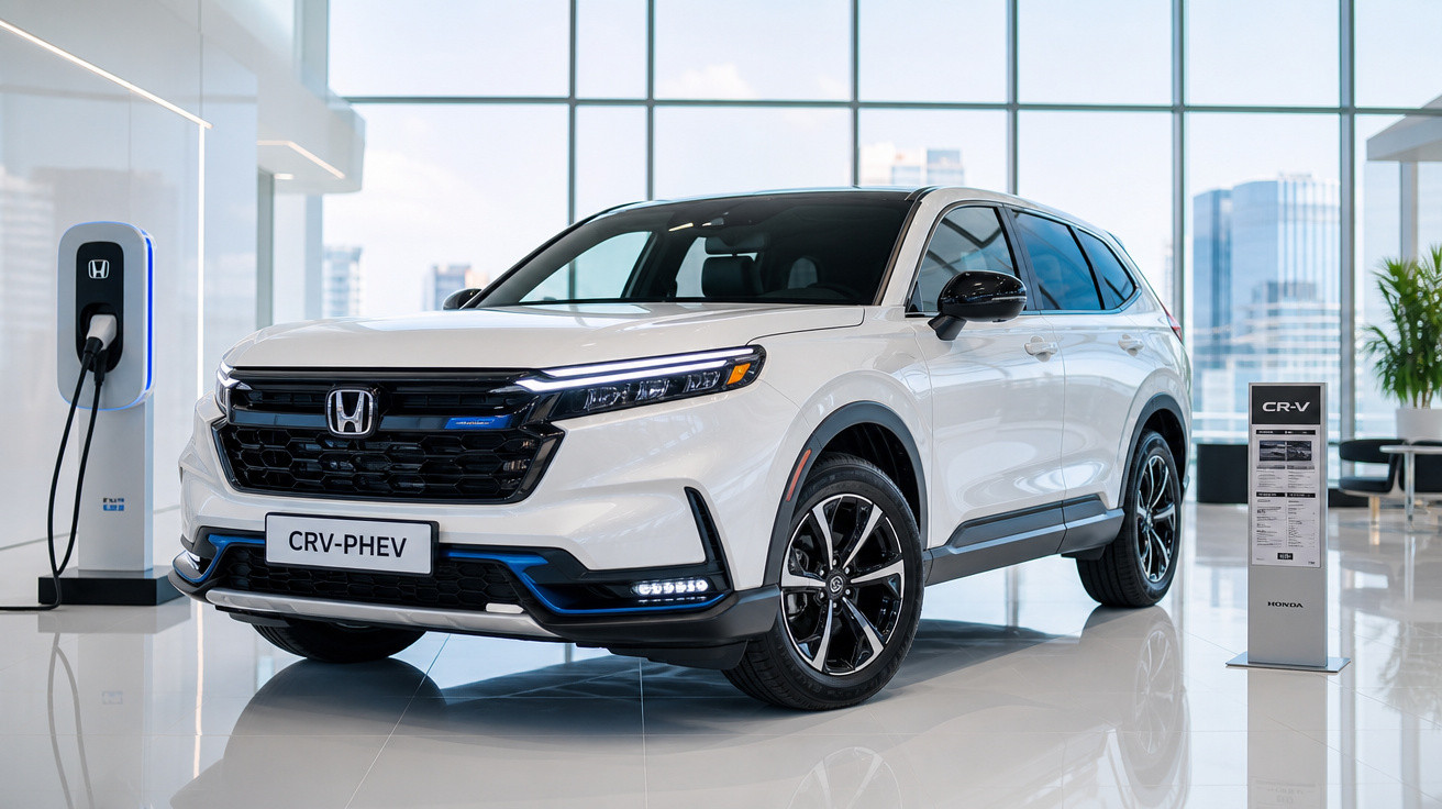 SUV Honda CRV-PHEV branco exposto em showroom ao lado de carregador elétrico e placa informativa.