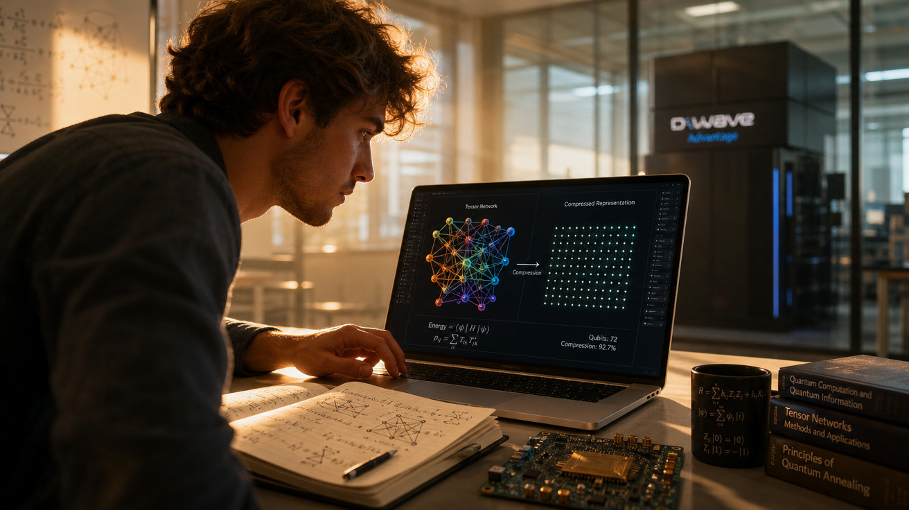 Homem estudando computação quântica com livro, notebook exibindo rede neural e circuito eletrônico na mesa.