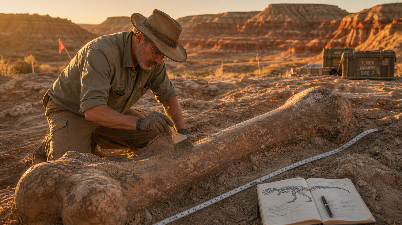 Arqueólogo escavando osso fóssil gigante com pincel em sítio arqueológico ao pôr do sol.