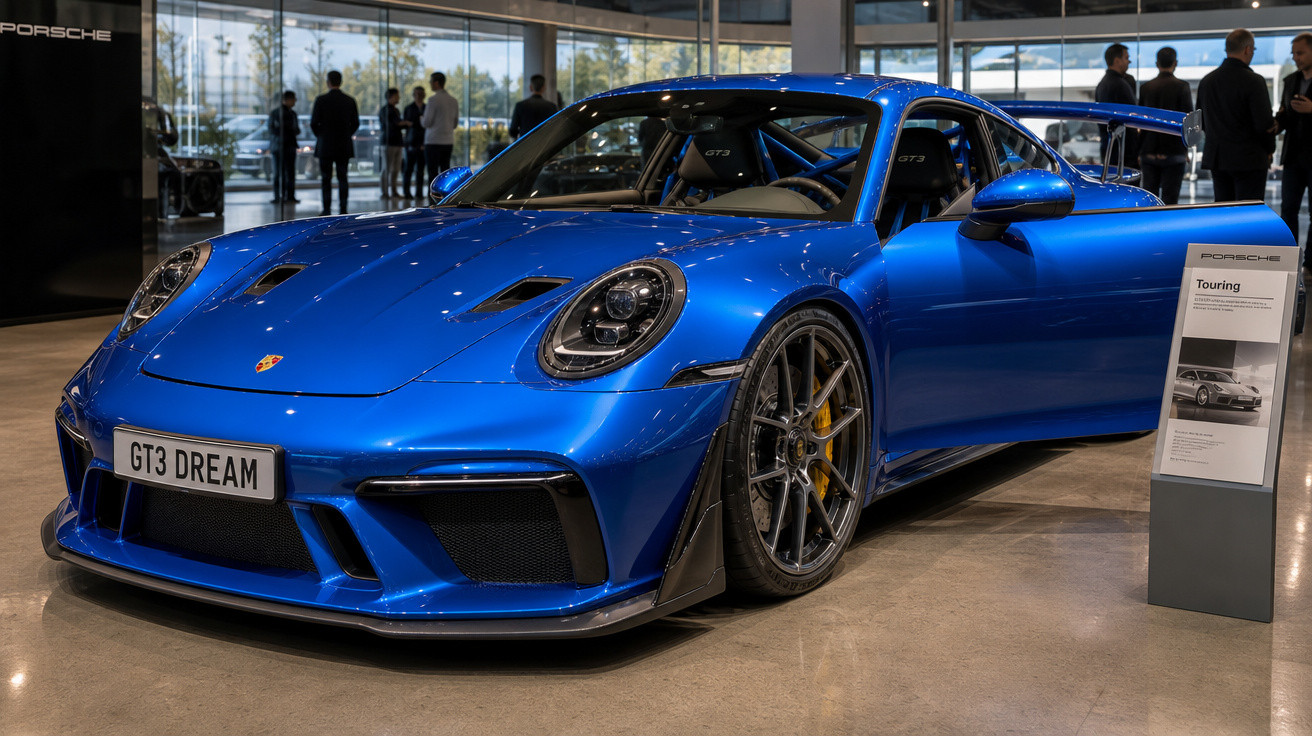 Carro esportivo Porsche GT3 azul exposto em showroom com porta dianteira aberta e placa "GT3 DREAM".