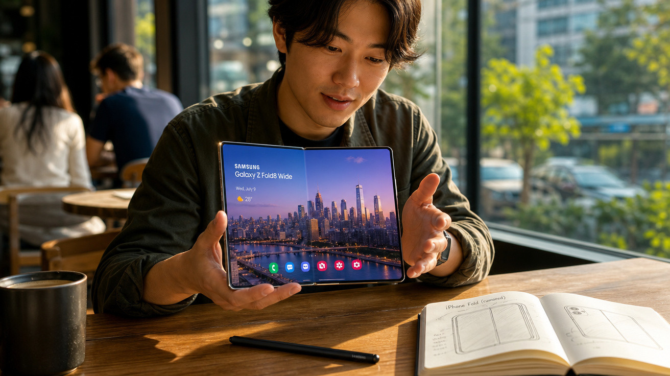 Pessoa segurando um Samsung Galaxy Z Fold3 dobrado em mesa com caneca, caderno e caneta em cafeteria.