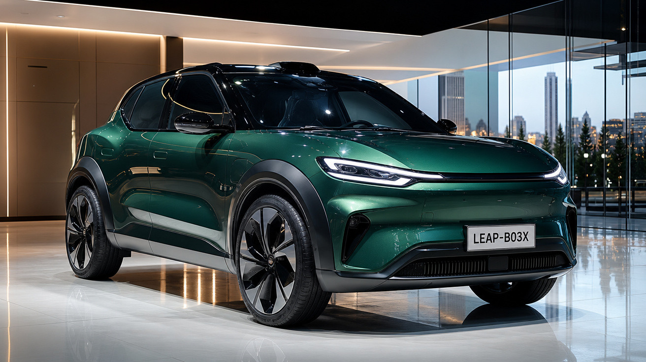 Carro elétrico verde escuro com design moderno exposto em ambiente interno sofisticado.