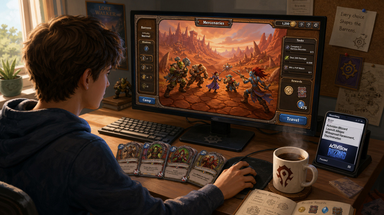 Jovem jogando jogo de cartas digital no computador, com café e celular na mesa de madeira.