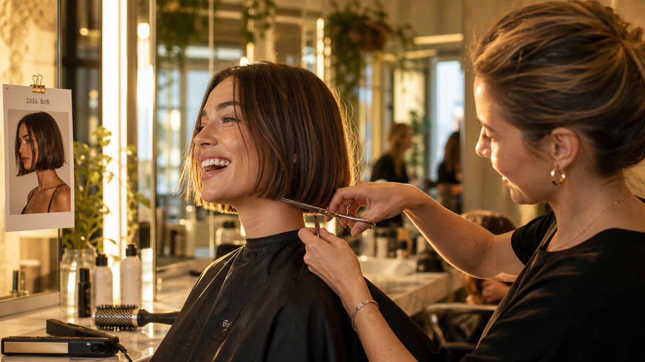 Mulher sorrindo recebendo corte de cabelo estilo bob em salão moderno e iluminado.