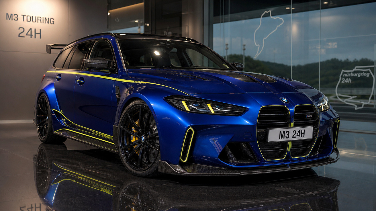 Carro esportivo BMW M3 Touring azul com detalhes amarelos em exposição interna.