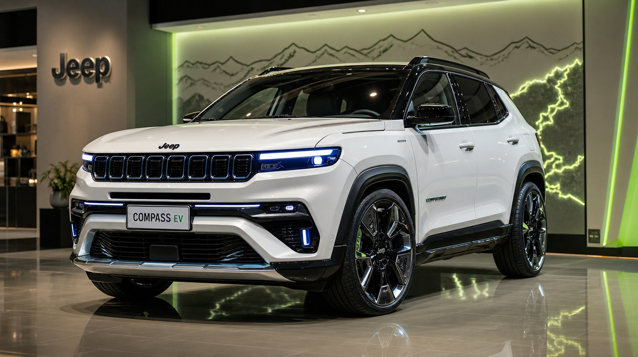 Jeep Compass EV branco em exposição interna com luzes LED e detalhes em preto.