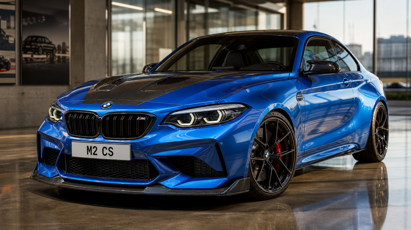 Carro esportivo BMW M2 CS azul com detalhes em fibra de carbono estacionado em ambiente interno moderno.