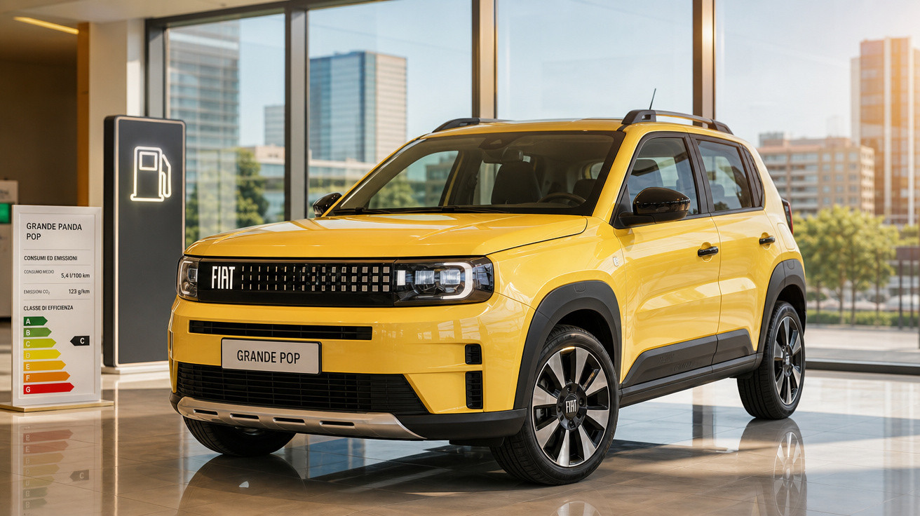 Carro Fiat Grande Panda Pop amarelo exposto em showroom com placa de eficiência energética ao lado.