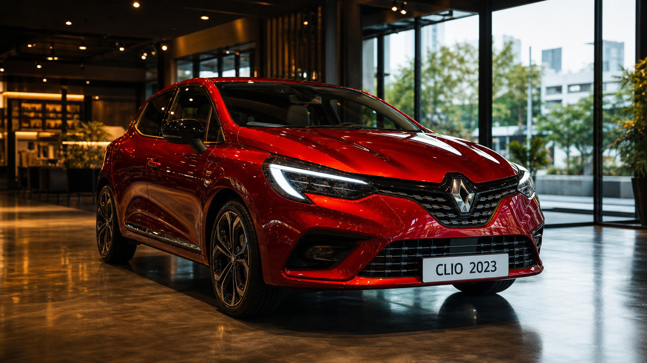 Carro vermelho Renault Clio 2023 em ambiente interno moderno com iluminação aconchegante.