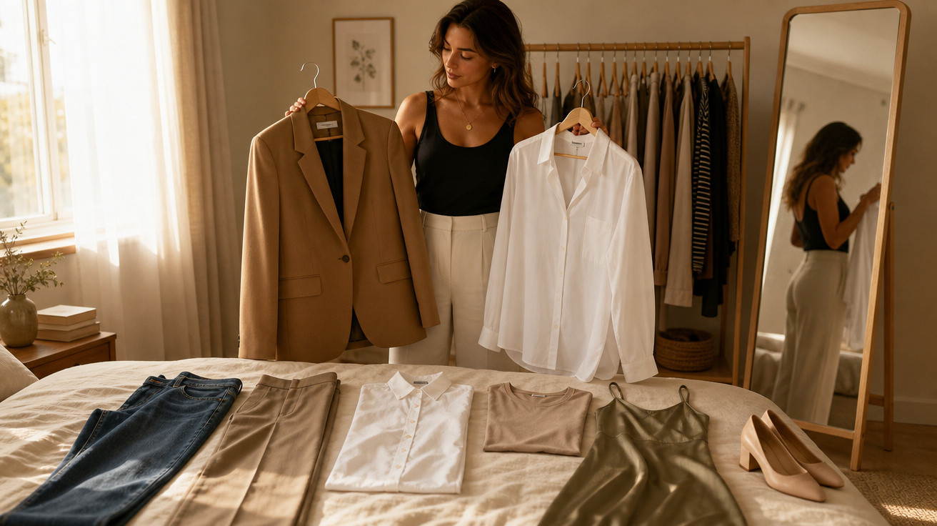 Mulher escolhe entre blazer marrom e camisa branca em quarto com roupas organizadas na cama.