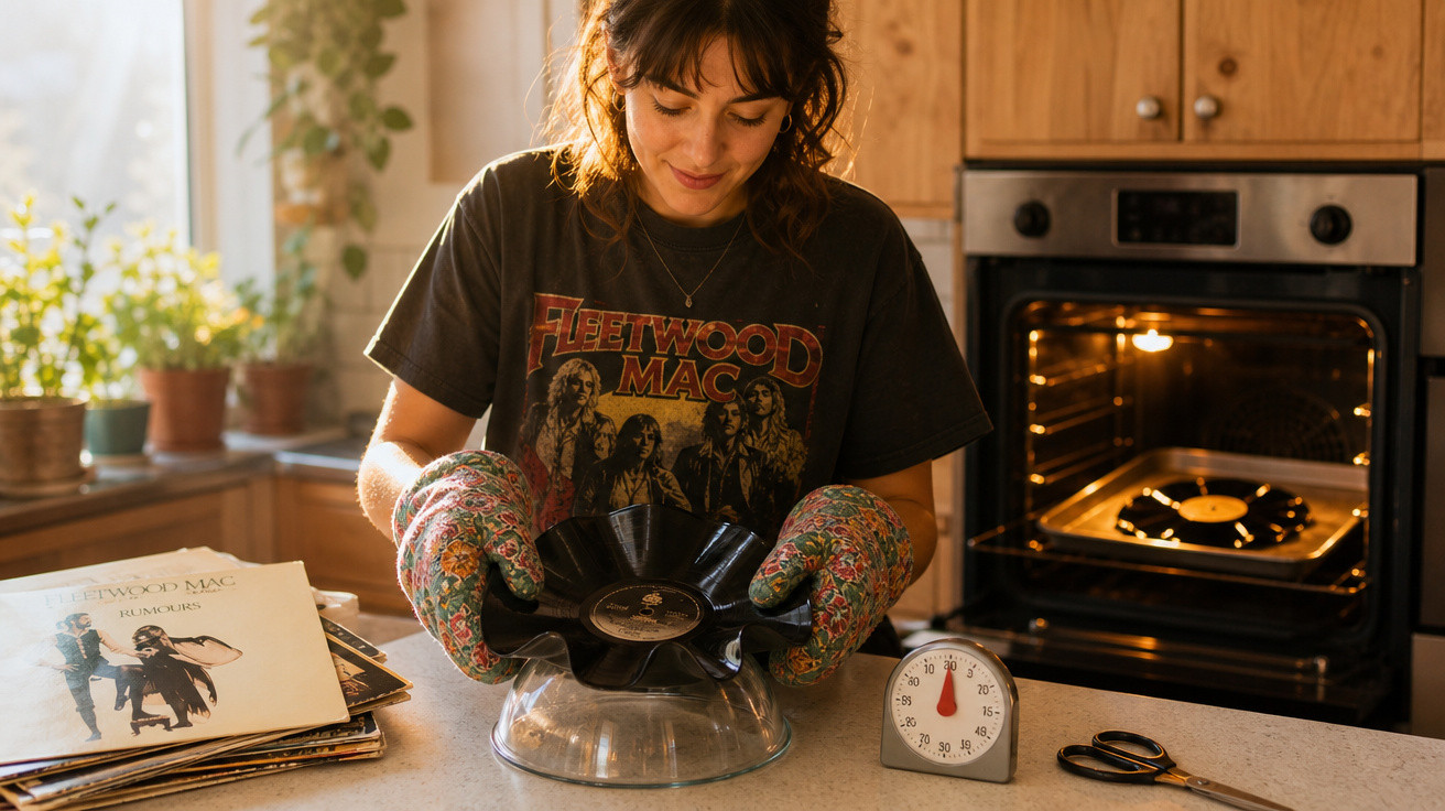Mulher manuseia disco de vinil derretido com luvas na cozinha, forno ligado ao fundo e discos empilhados na bancada.