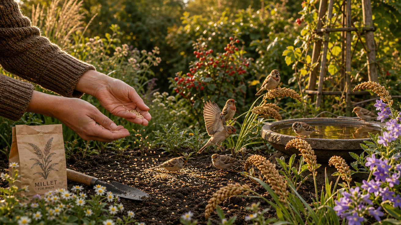 Mãos alimentando passarinhos em jardim com flores, grama e bebedouro ao entardecer.