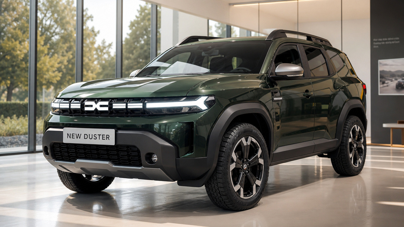 SUV verde New Duster estacionado em ambiente interno com janelas grandes e luz natural.