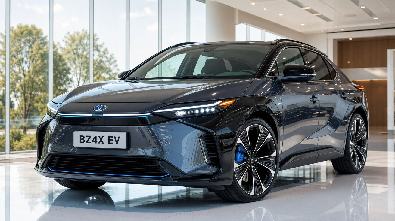 Carro elétrico Toyota BZ4X EV preto em ambiente interno com piso refletivo e janelas grandes ao fundo.