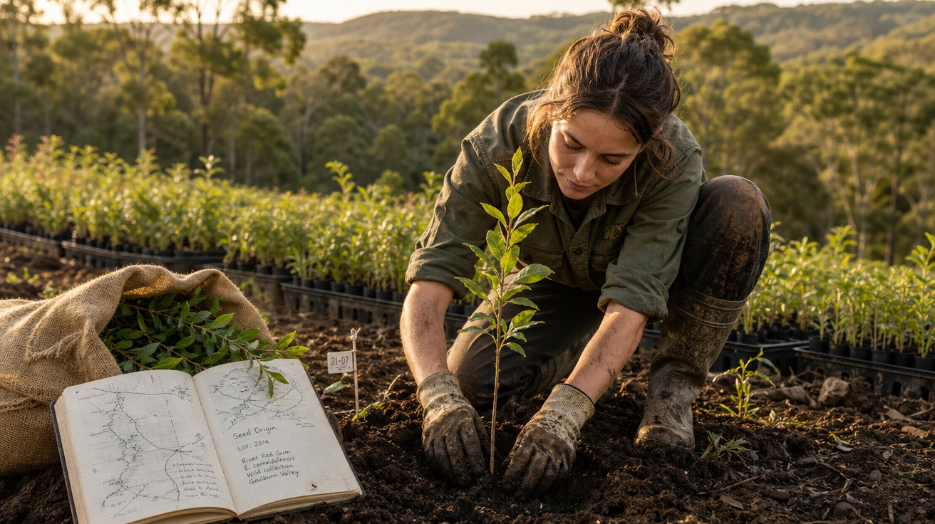 Jovem planta muda em campo de viveiro com luvas, livro aberto e sacola de juta ao lado, ao pôr do sol.