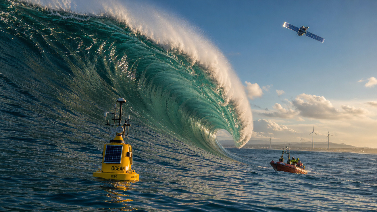 Onda gigante no oceano com boia amarela de monitoramento, barco vermelho e satélite no céu ao fundo.