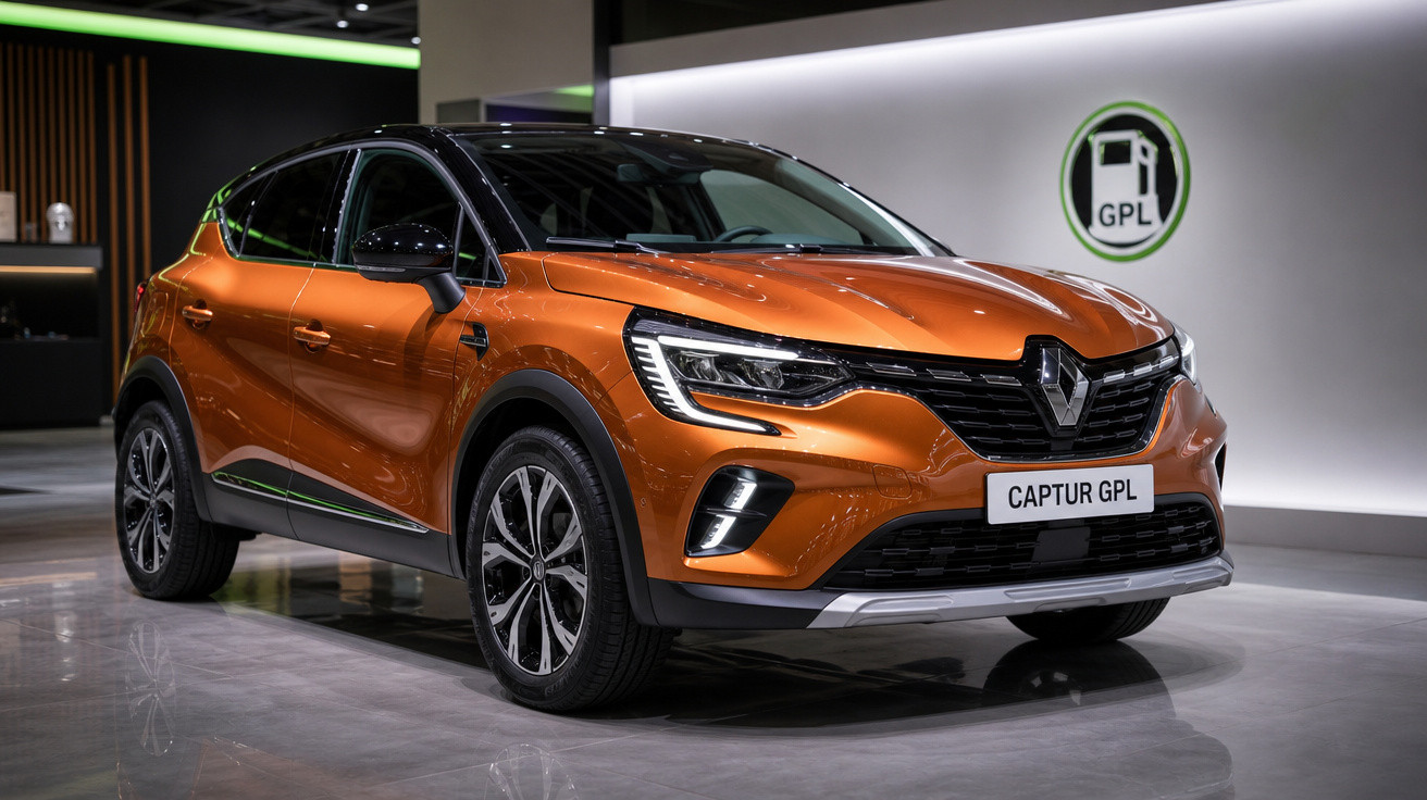 Carro Renault Captur GPL na cor laranja metálica exibido em ambiente interno moderno.