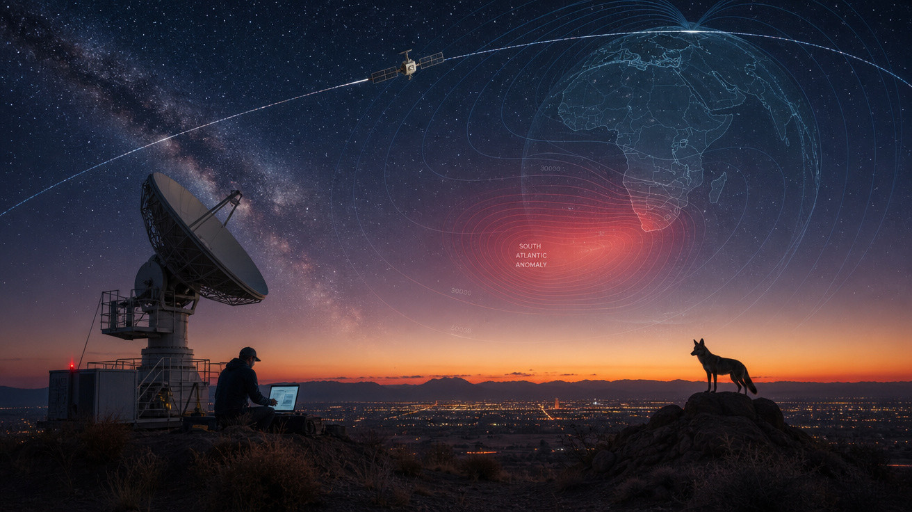 Pessoa usando laptop perto de antena parabólica à noite, com céu estrelado, satélite e mapa digital do Atlântico Sul.