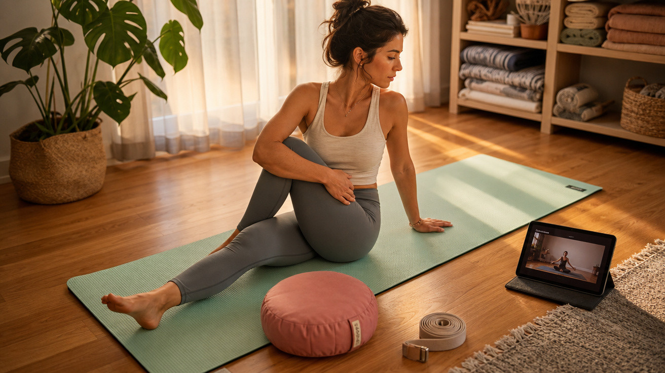 Mulher fazendo alongamento de yoga em tapete com vídeo de aula em tablet ao lado em ambiente aconchegante.