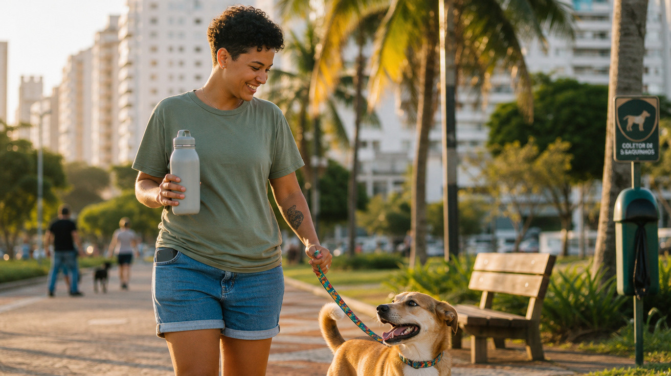 Mulher sorrindo caminha com cachorro em parque urbano com prédios e palmeiras ao fundo.