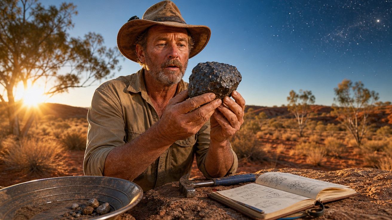 Homem com chapéu examina pedra minerada ao pôr do sol no deserto, com livro e ferramentas sobre a pedra.