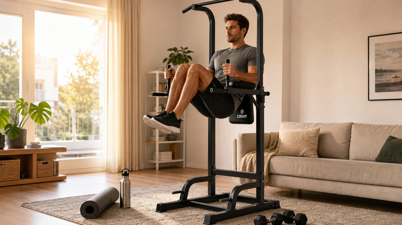 Homem fazendo exercício abdominal em equipamento fitness na sala de estar iluminada pela luz natural.