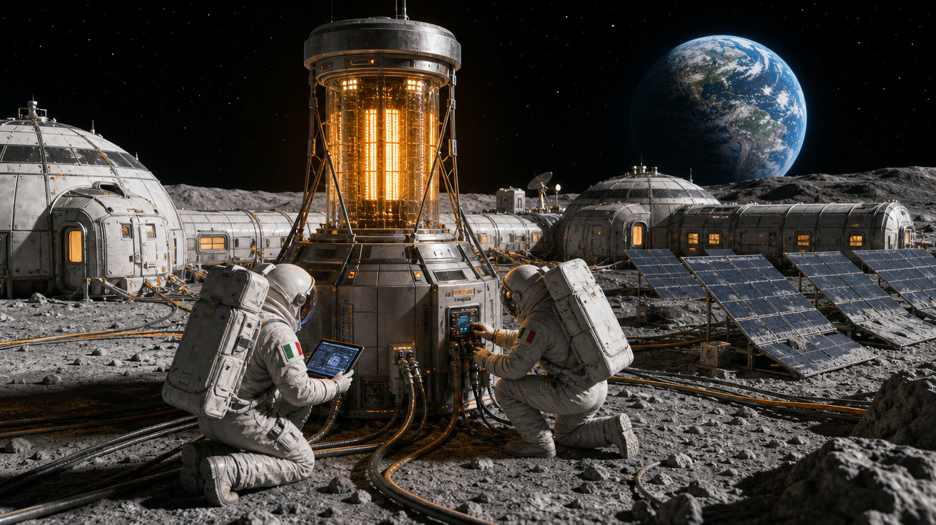 Astronautas trabalham em equipamento de energia em base lunar com Terra ao fundo e painéis solares.
